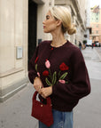 Hand-Knit Tulip Floral Patch Cardigan in Burgundy