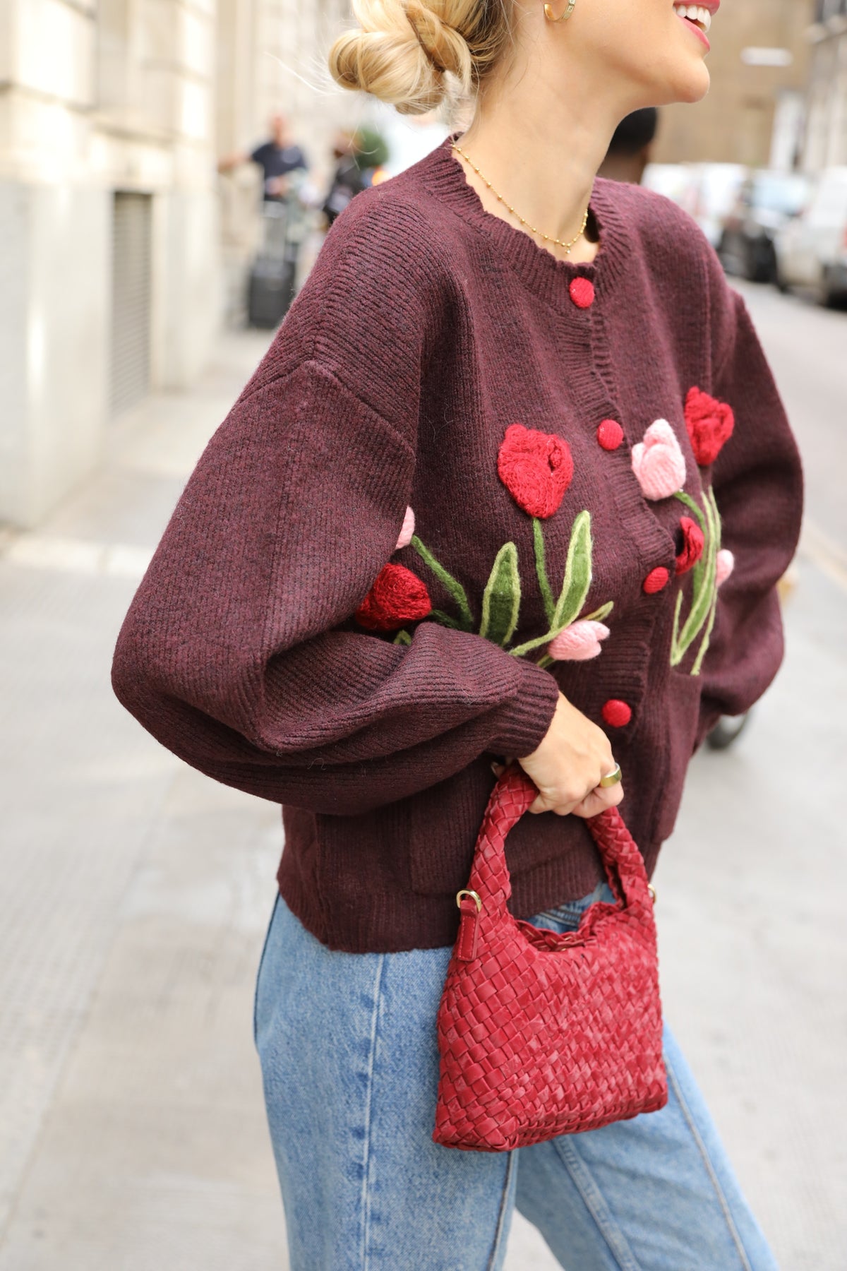 Hand-Knit Tulip Floral Patch Cardigan in Burgundy