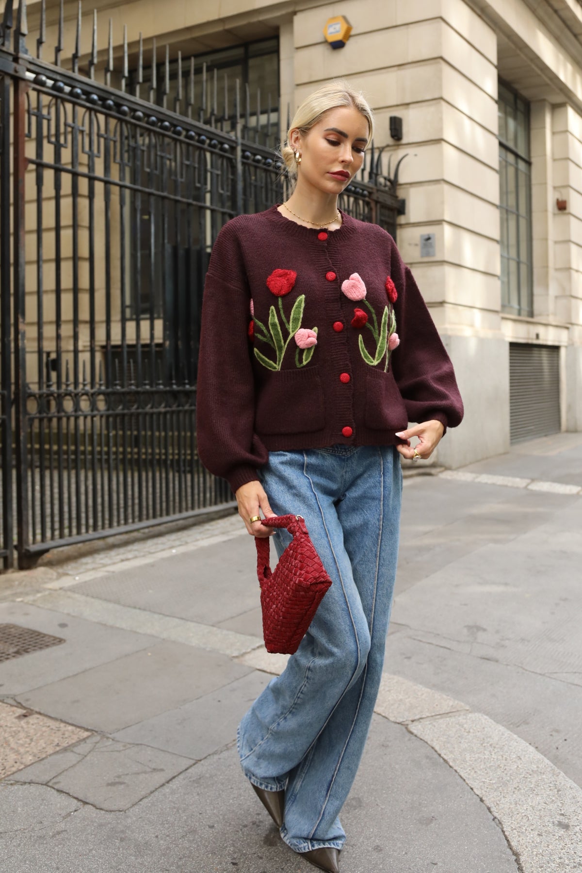 Hand-Knit Tulip Floral Patch Cardigan in Burgundy