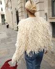 Statement Shaggy Fringe Hand-Knit Cardigan in Cream