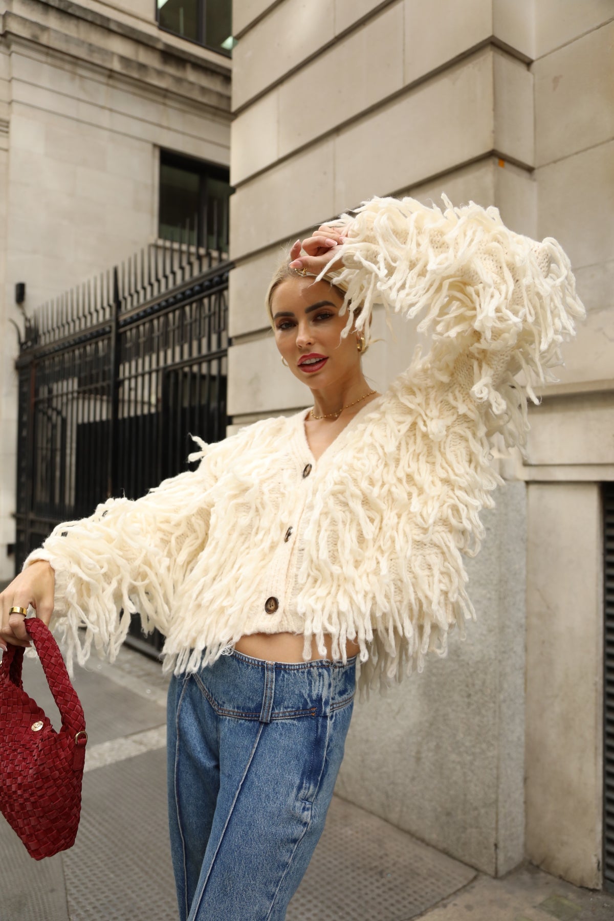 Statement Shaggy Fringe Hand-Knit Cardigan in Cream