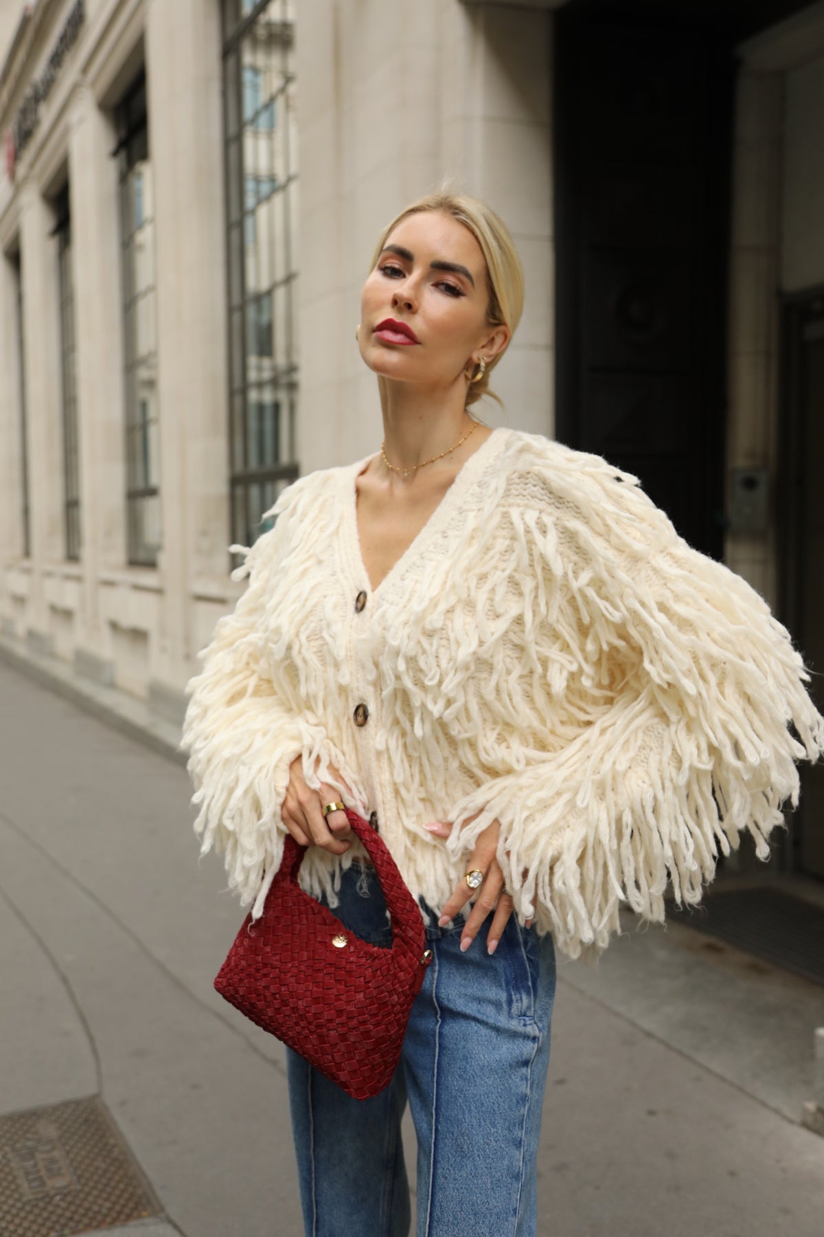 Statement Shaggy Fringe Hand-Knit Cardigan in Cream