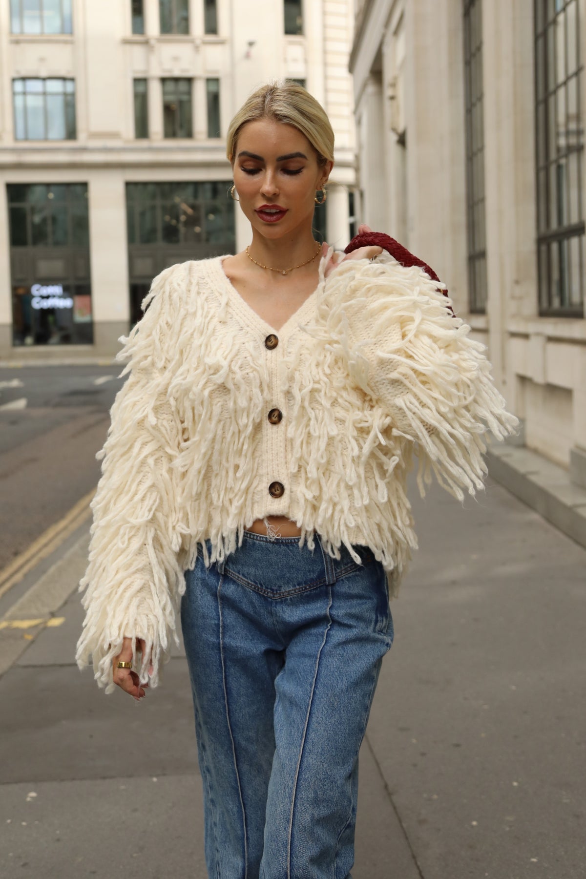 Statement Shaggy Fringe Hand-Knit Cardigan in Cream