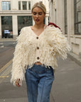 Statement Shaggy Fringe Hand-Knit Cardigan in Cream