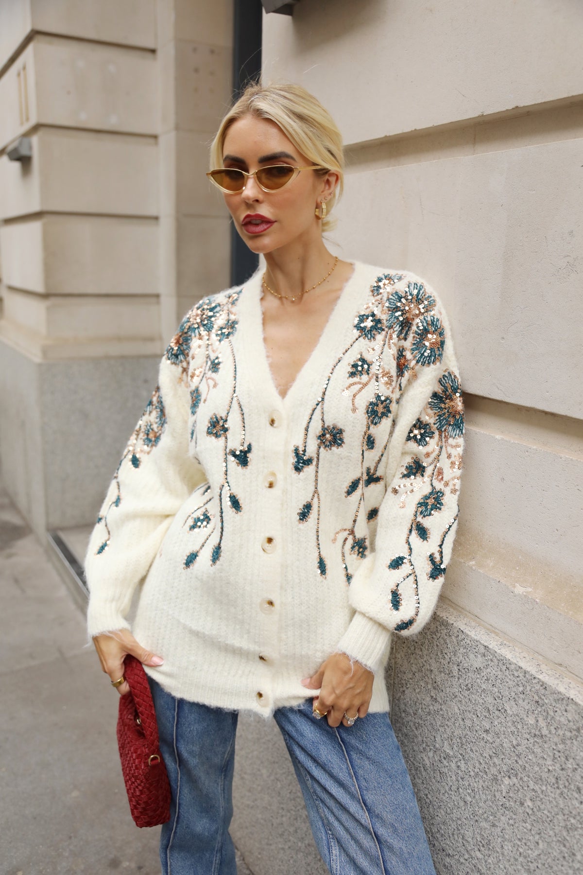 Sequin Floral Embellished Oversized Knit Cardigan in Cream
