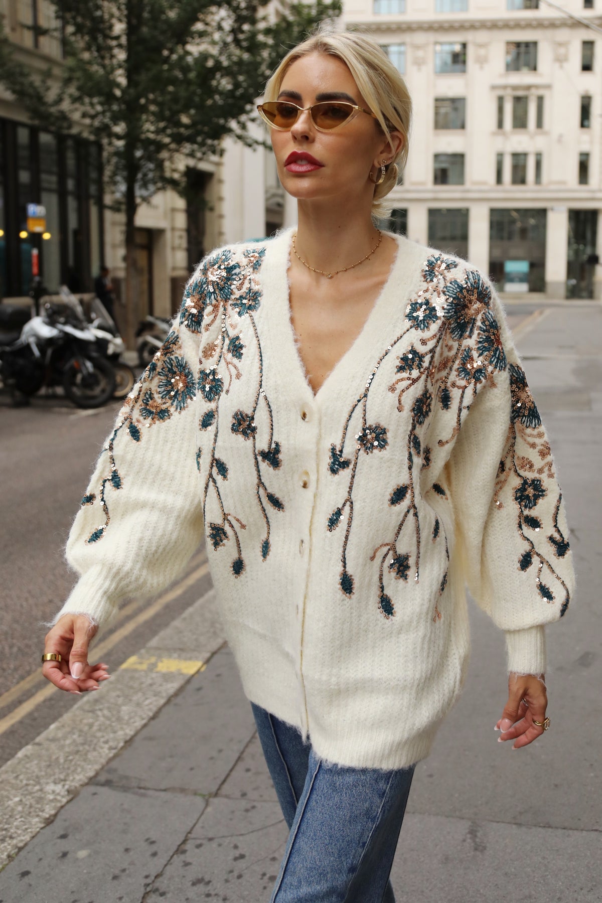 Sequin Floral Embellished Oversized Knit Cardigan in Cream