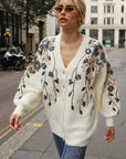 Sequin Floral Embellished Oversized Knit Cardigan in Cream