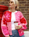 Hand Crochet 3D Floral Patchwork Cardigan in Pink & Red