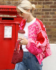Hand Crochet 3D Floral Patchwork Cardigan in Pink & Red
