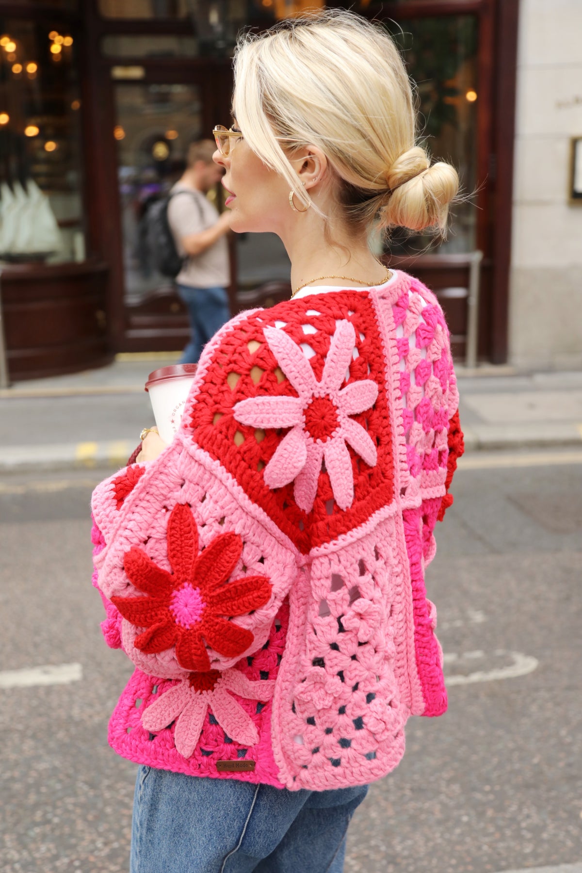 Hand Crochet 3D Floral Patchwork Cardigan in Pink &amp; Red