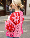 Hand Crochet 3D Floral Patchwork Cardigan in Pink & Red