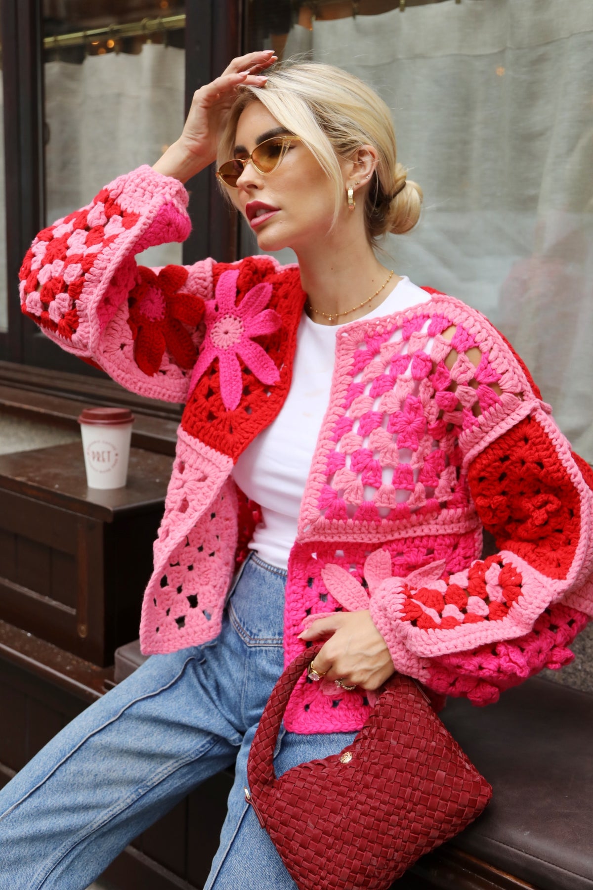 Hand Crochet 3D Floral Patchwork Cardigan in Pink &amp; Red