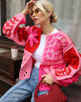 Hand Crochet 3D Floral Patchwork Cardigan in Pink & Red