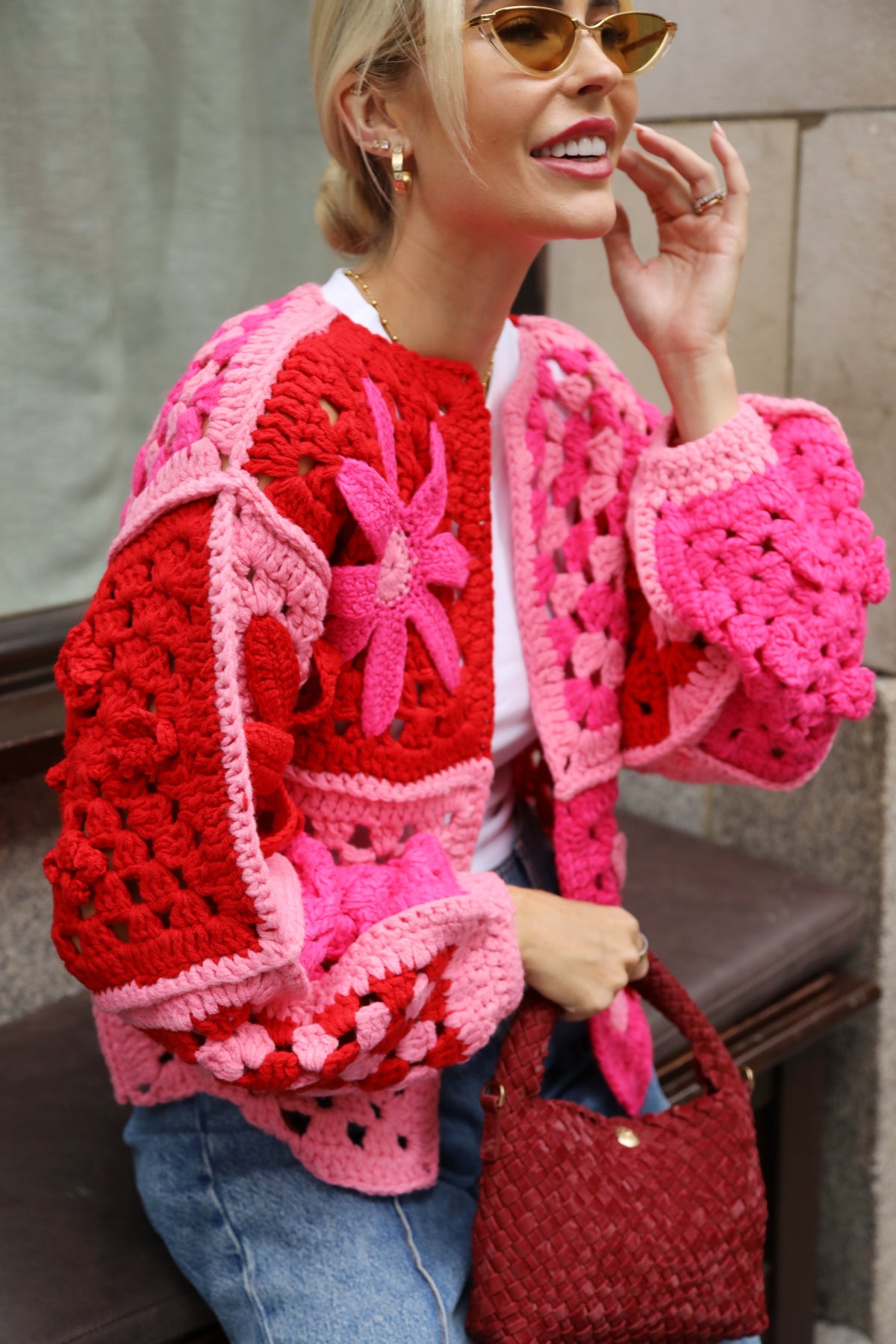 Hand Crochet 3D Floral Patchwork Cardigan in Pink &amp; Red