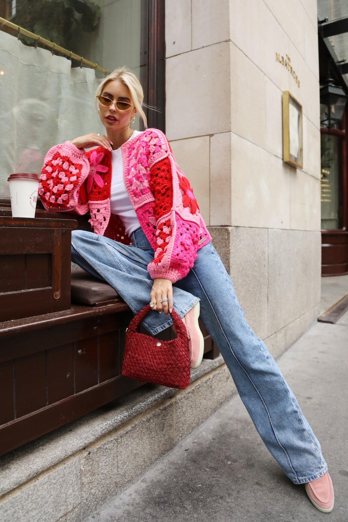 Hand Crochet 3D Floral Patchwork Cardigan in Pink &amp; Red