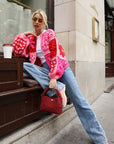 Hand Crochet 3D Floral Patchwork Cardigan in Pink & Red