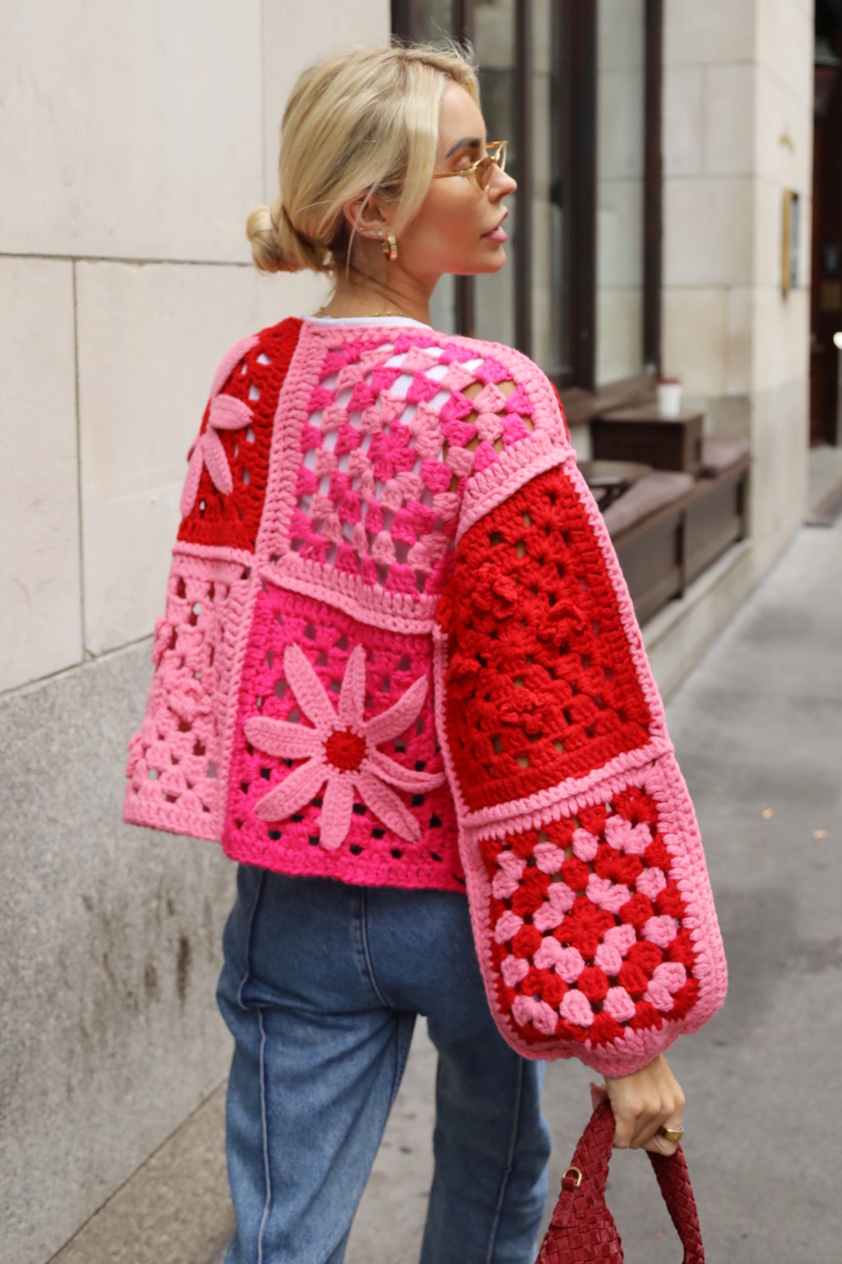 Hand Crochet 3D Floral Patchwork Cardigan in Pink &amp; Red
