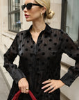 Polka Dot Sheer Tiered Button Down Maxi Shirt Dress