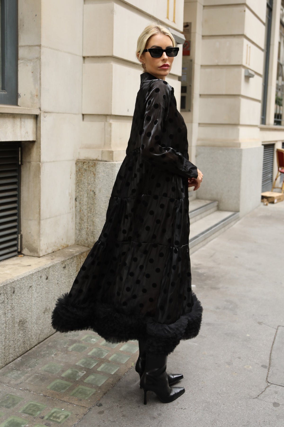 Polka Dot Sheer Tiered Button Down Maxi Shirt Dress