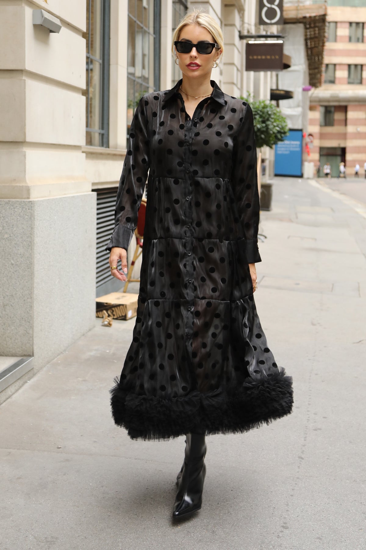 Polka Dot Sheer Tiered Button Down Maxi Shirt Dress