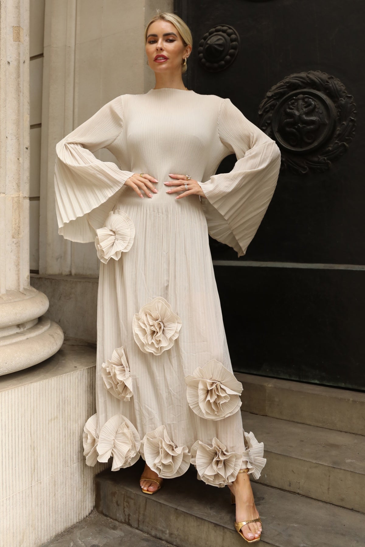 3D Floral Appliqué Pleated Maxi Dress with Statement Flare Sleeves