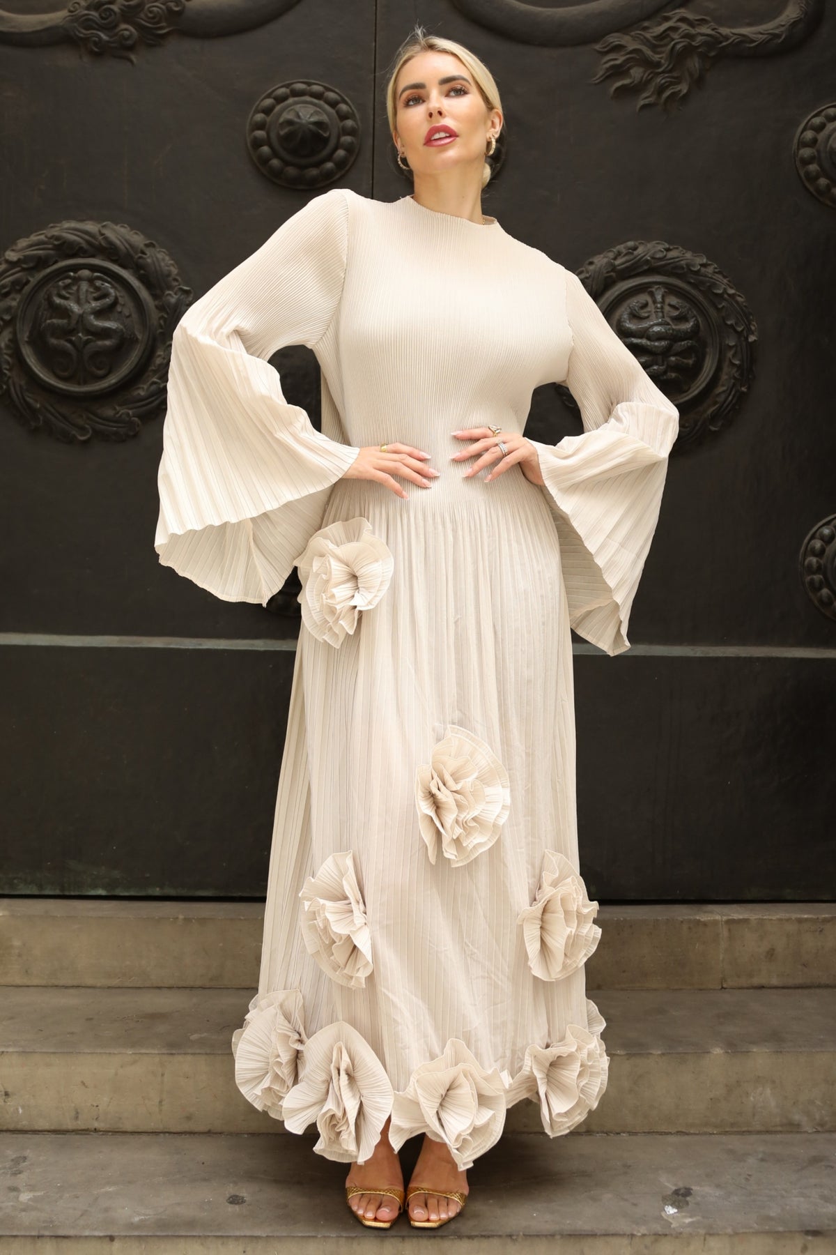 3D Floral Appliqué Pleated Maxi Dress with Statement Flare Sleeves