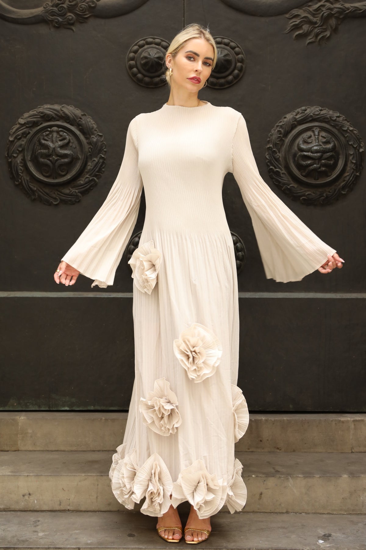 3D Floral Appliqué Pleated Maxi Dress with Statement Flare Sleeves
