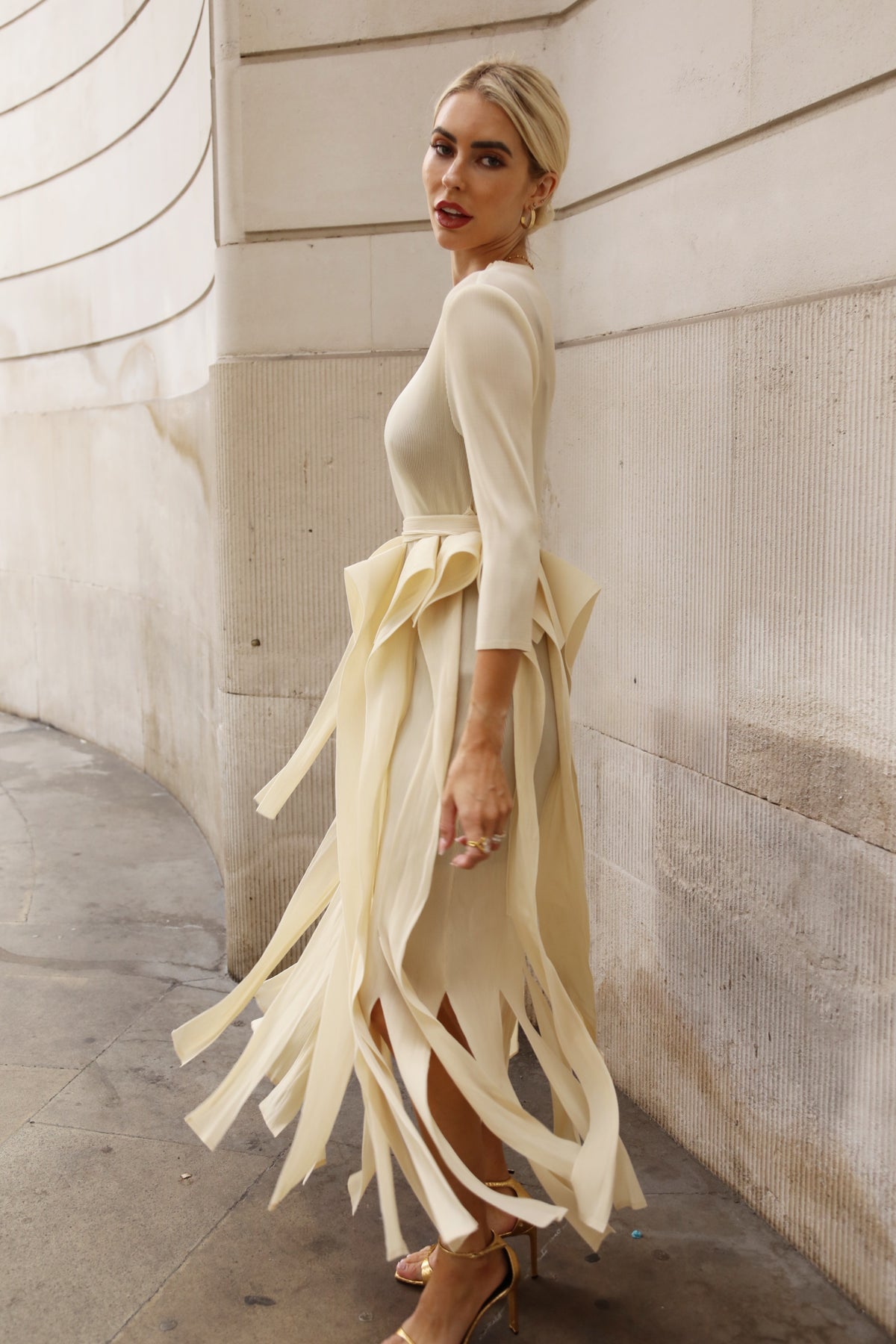 Statement Pleated Fringe Maxi Dress with Tie Waist in Cream