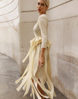 Statement Pleated Fringe Maxi Dress with Tie Waist in Cream