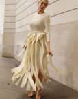 Statement Pleated Fringe Maxi Dress with Tie Waist in Cream