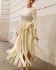 Statement Pleated Fringe Maxi Dress with Tie Waist in Cream