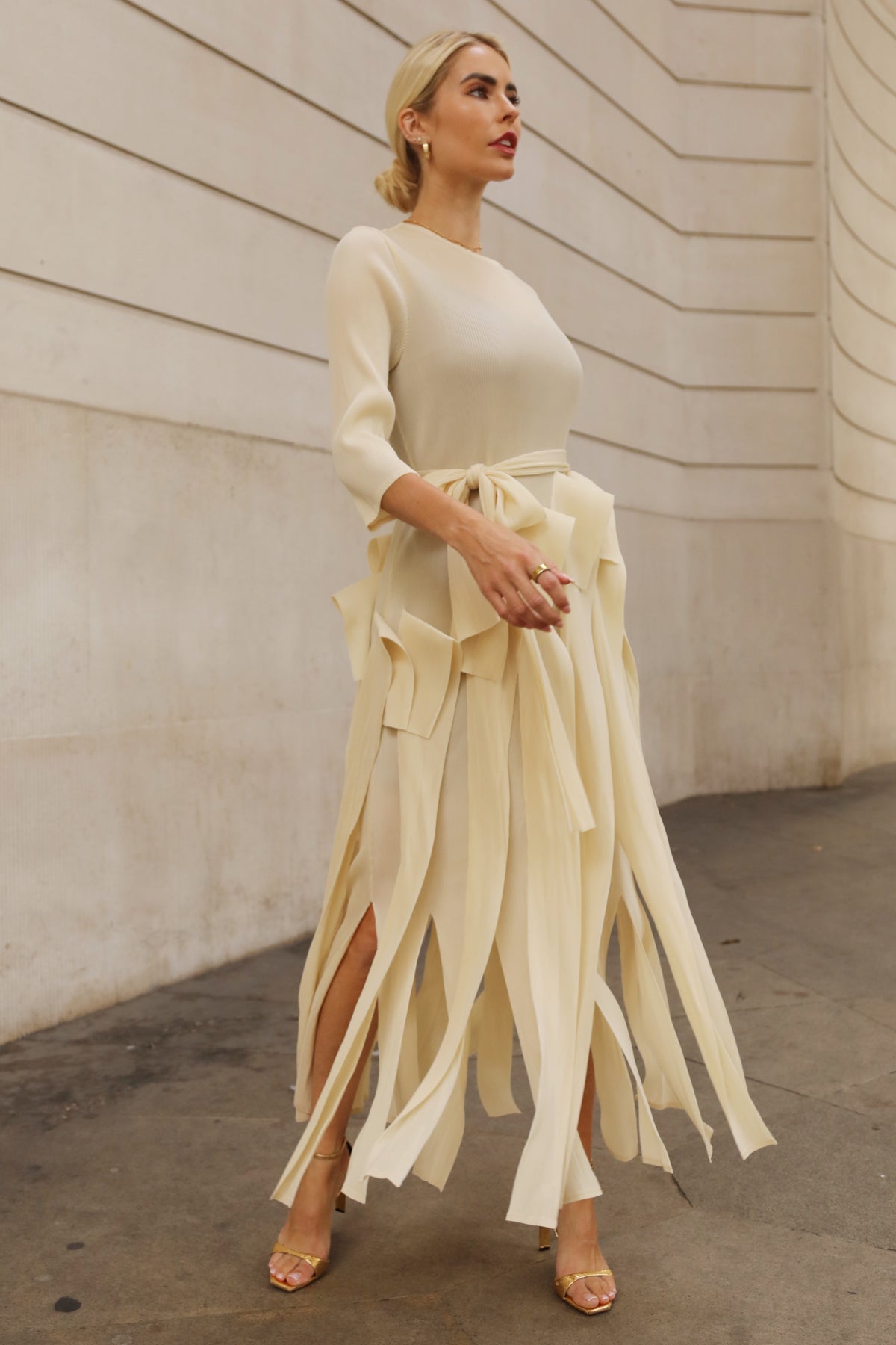Statement Pleated Fringe Maxi Dress with Tie Waist in Cream