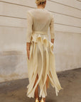 Statement Pleated Fringe Maxi Dress with Tie Waist in Cream
