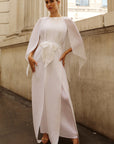 Elegant Pleated Cape Sleeve Maxi Dress with Tie Waist in White
