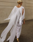 Elegant Pleated Cape Sleeve Maxi Dress with Tie Waist in White