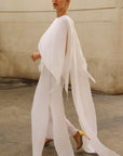 Elegant Pleated Cape Sleeve Maxi Dress with Tie Waist in White