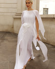 Elegant Pleated Cape Sleeve Maxi Dress with Tie Waist in White
