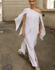 Elegant Pleated Cape Sleeve Maxi Dress with Tie Waist in White