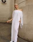 Elegant Pleated Cape Sleeve Maxi Dress with Tie Waist in White
