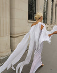 Elegant Pleated Cape Sleeve Maxi Dress with Tie Waist in White