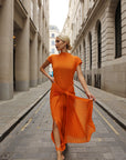 Statement Pleated Maxi Dress with Draped Tie Detail