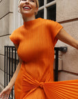 Statement Pleated Maxi Dress with Draped Tie Detail