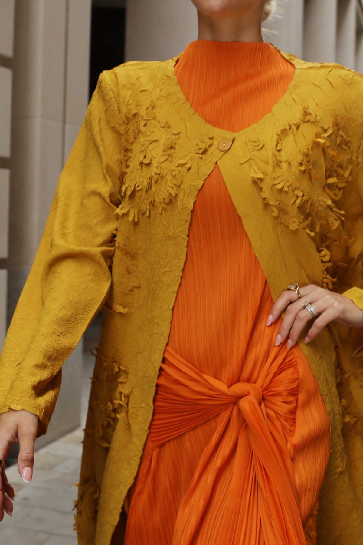 Statement Textured Floral Longline Cardigan in Mustard