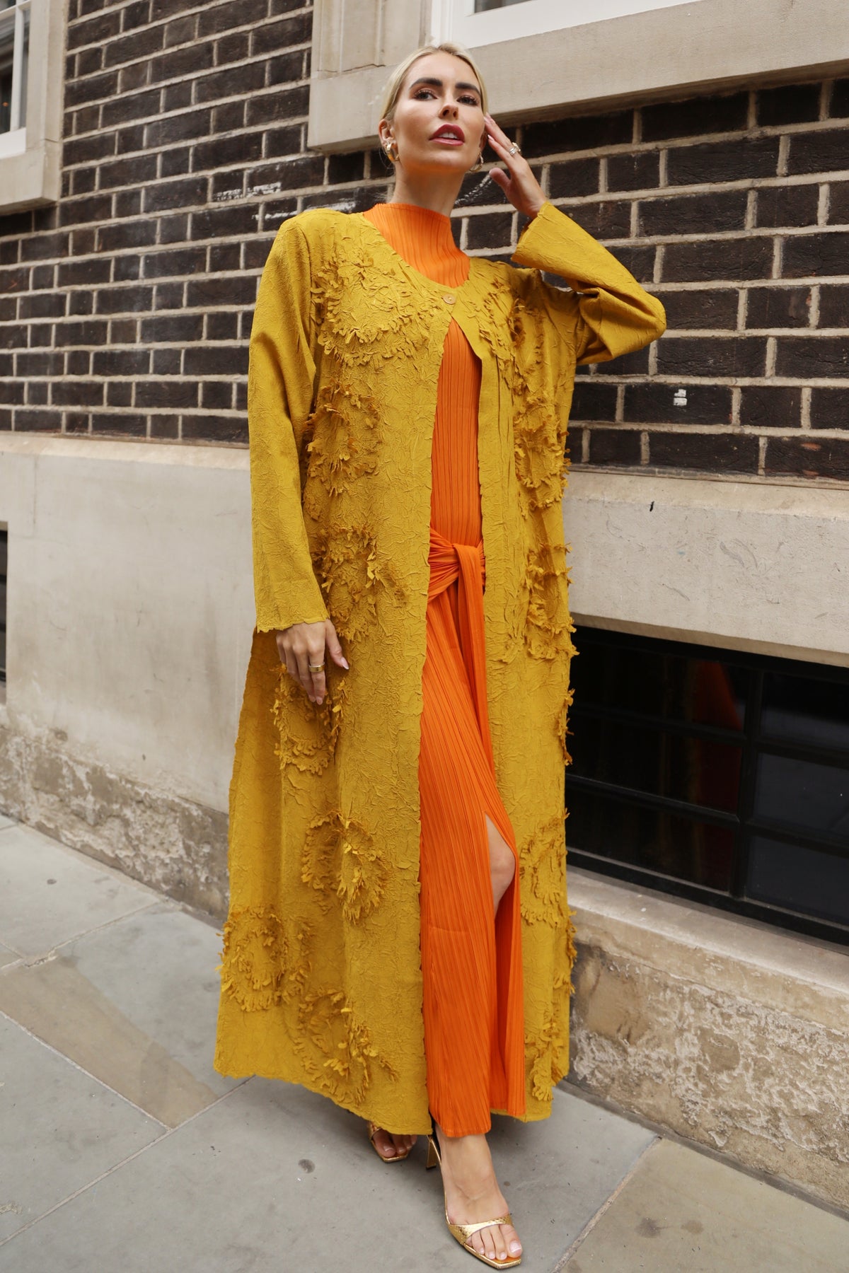 Statement Textured Floral Longline Cardigan in Mustard