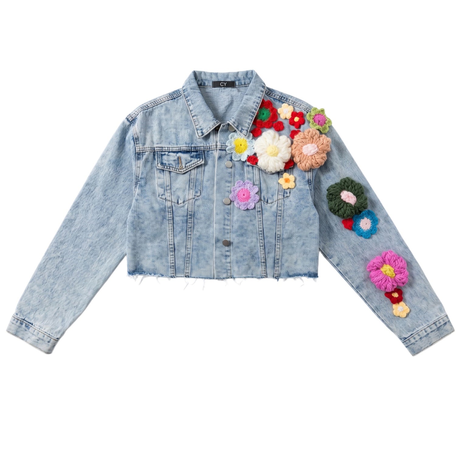 Statement Denim Jacket with Hand-Crochet Floral Appliqué – CY Boutique