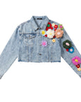 Statement Denim Jacket with Hand-Crochet Floral Appliqué