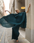 Pleated Cape Top, Vest & Wide Leg Trouser Set In Green