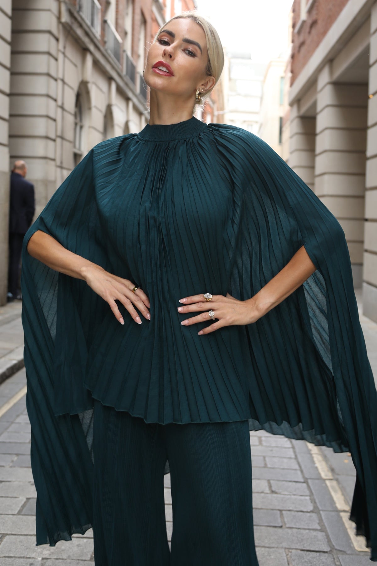 Pleated Cape Top, Vest &amp; Wide Leg Trouser Set In Green