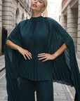 Pleated Cape Top, Vest & Wide Leg Trouser Set In Green
