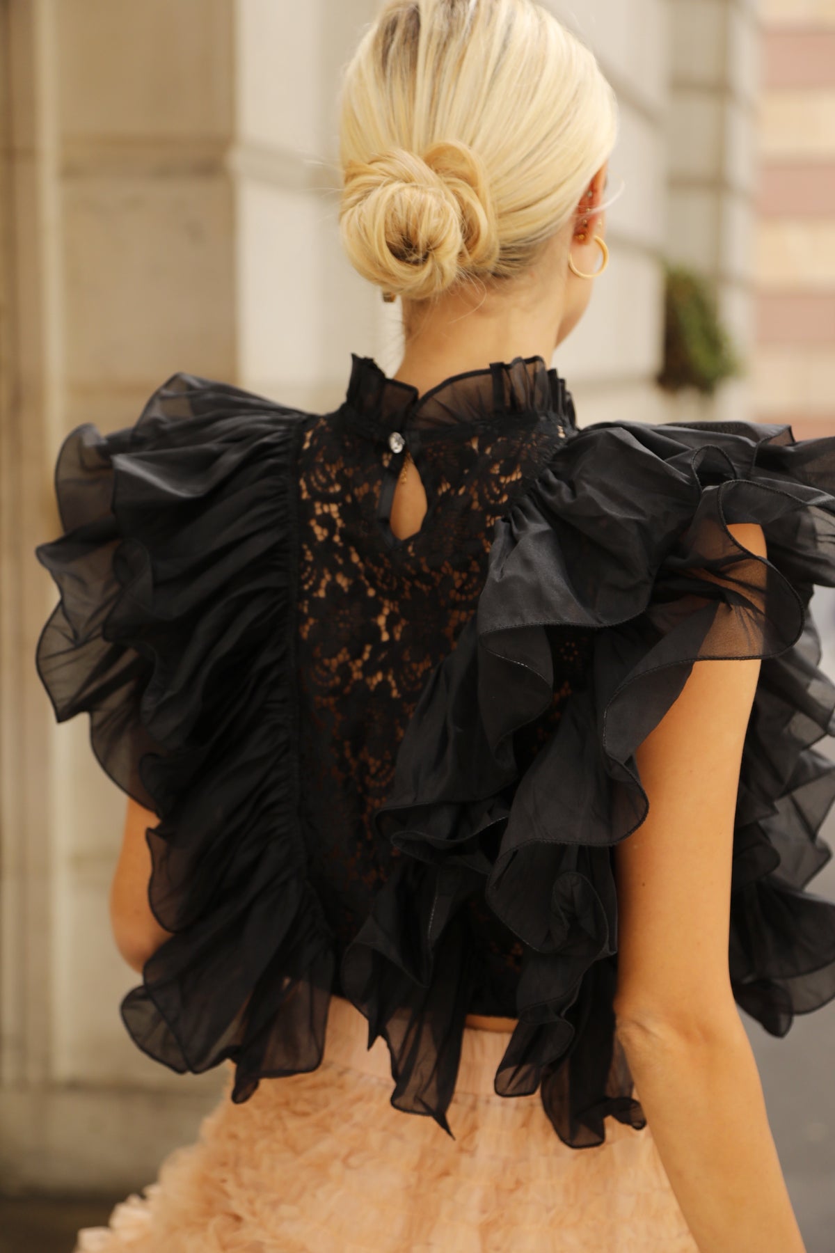 Statement Ruffle Lace Crop Top with Crystal Embellishment